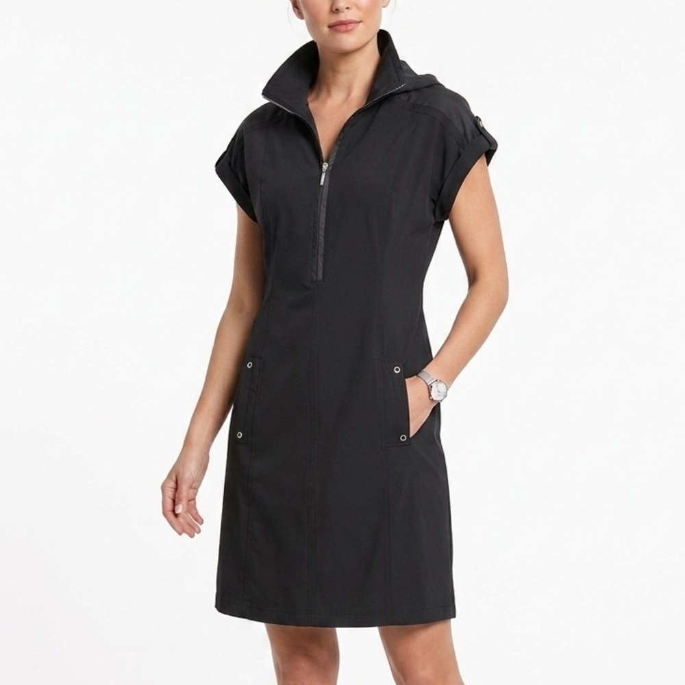 Chico's Zenergy 1 Black Athleisure Dress Packable Hood Half Zip Sporty Pockets